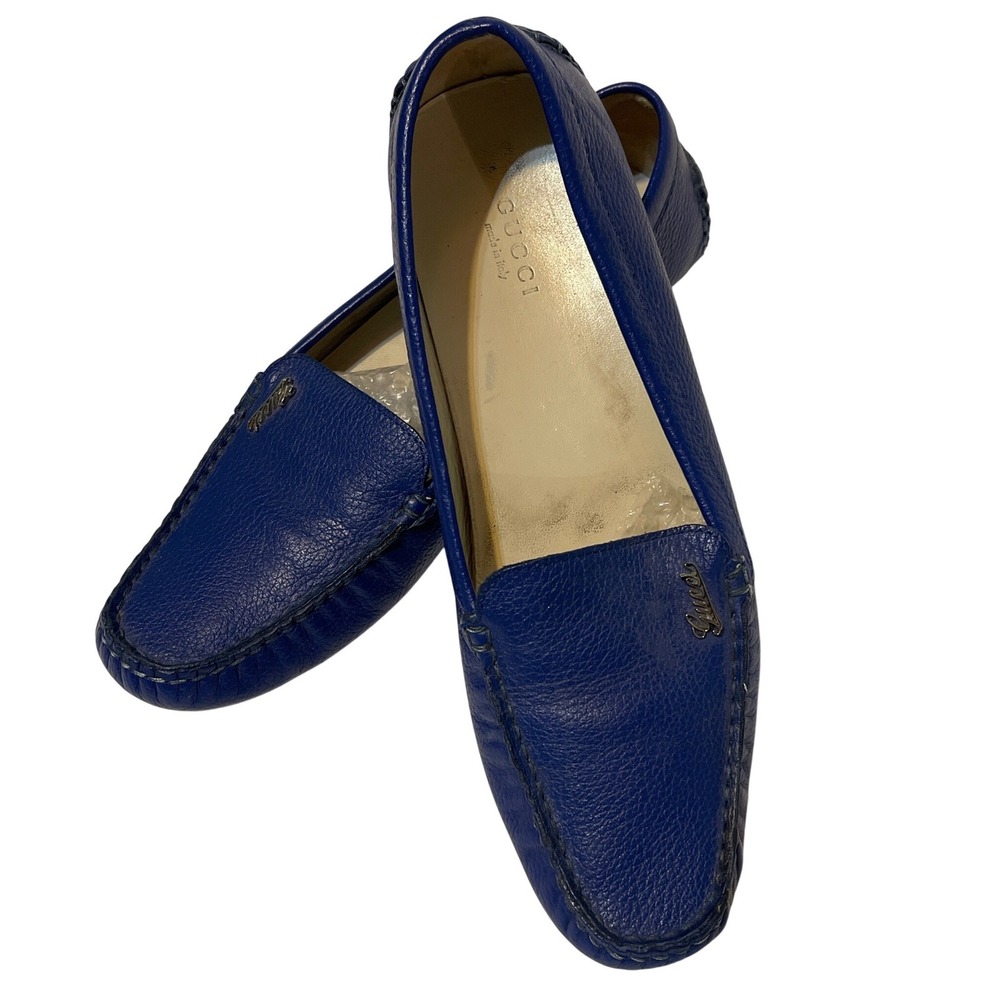 Gucci Driving Loafers Womens 38.5 Blue‎ Pebbled Leather Script Logo Flats Luxury